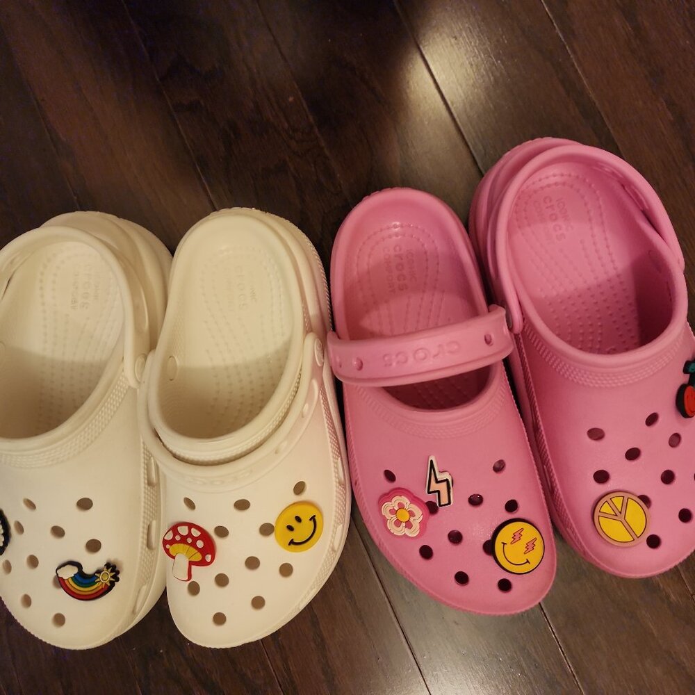 Pink and White Platform Crocs Size J2